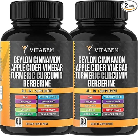 Ceylon Cinnamon Capsules 3000mg Turmeric 3000mg Apple Cider Vinegar 3000mg Ginseng 2000mg Aloe Vera 2000mg Berberine Supplement 1200mg + Banaba | Bitter Melon | Ginger Root - 60 Count (Pack of 2)