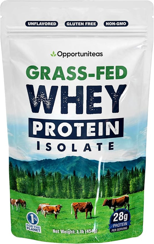 Opportuniteas Grass Fed Whey Isolate Protein Powder - Unflavored 28g Protein Powder Without Artificial Sweeteners, Hormone-Free Cows, Non GMO - 1lb