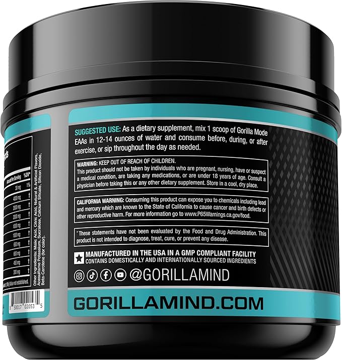 Gorilla Mode EAAs - Essential Amino Acids to Support Muscle Building, Enhanced Recovery, and Protein Synthesis/Use Before, During, or After Your Workout / 453 Grams (Jungle Juice)