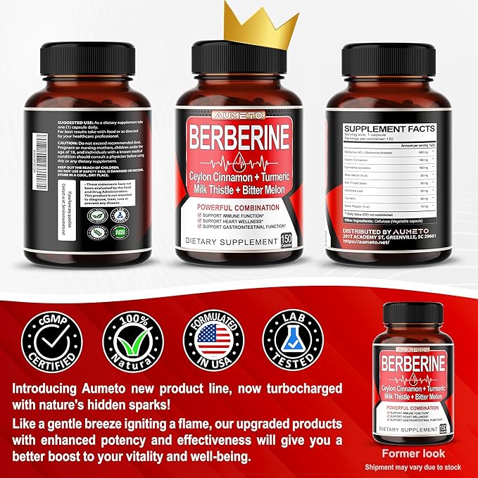 Berberine Supplement - Enhanced with Ceylon Cinnamon, Turmeric, Milk Thistle, Bitter Melon for Digestion, Immunity & Weight Managament (150 Count (Pack of 1))