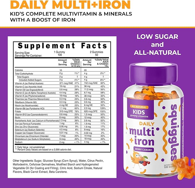 Squiggles Kids Multivitamin + Iron Gummies 100ct. | All-Natural, Low Sugar, and Super Yummy | Broad Spectrum of Vitamins and Minerals with a Boost of Iron.