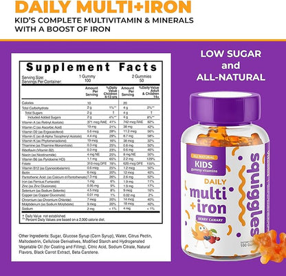 Squiggles Kids Multivitamin + Iron Gummies 100ct. | All-Natural, Low Sugar, and Super Yummy | Broad Spectrum of Vitamins and Minerals with a Boost of Iron.