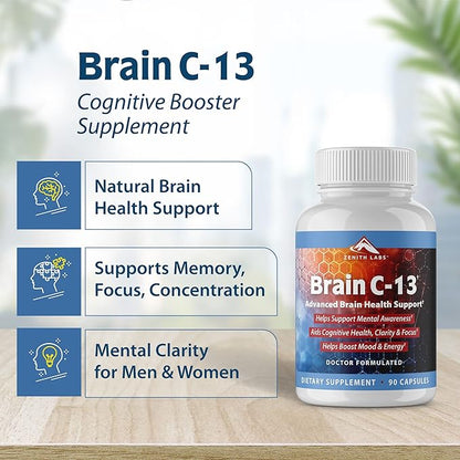 Brain C-13 Cognitive Booster Supplement by Zenith Labs - Natural Brain Health Support - Supports Memory, Focus, Concentration - Mental Clarity for Men Women
