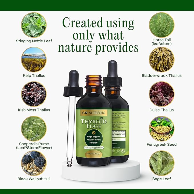 Go Nutrients Thyroid Edge - Thyroid Support for Women and Men - Comprehensive Natural Thyroid Supplement Rich in Iodine - Fast-Absorbing 2 oz Liquid Drops for Improved Energy & Enhanced Wellness