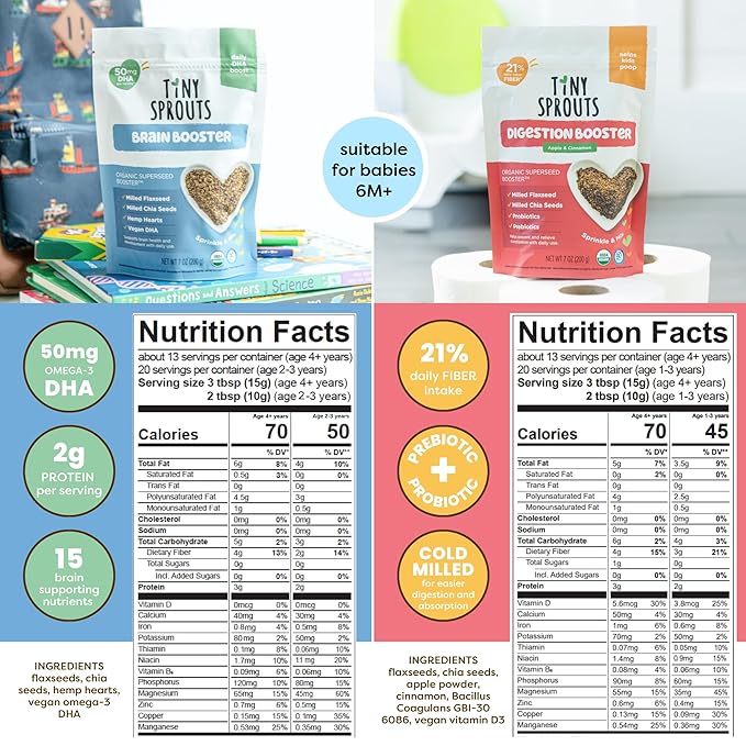 Organic Digestion Booster (Apple & Cinnamon) & Brain Booster - Milled Chia Seed, Milled Flaxseed and Hemp Hearts with Vitamin D, DHA, Probiotics for 6M+ Babies Toddlers & Kids (7oz x 2 Pack)