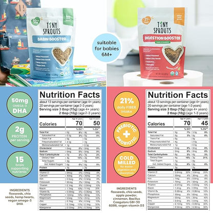 Organic Digestion Booster (Apple & Cinnamon) & Brain Booster - Milled Chia Seed, Milled Flaxseed and Hemp Hearts with Vitamin D, DHA, Probiotics for 6M+ Babies Toddlers & Kids (7oz x 2 Pack)