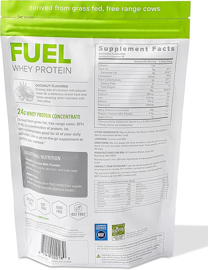 SFH Fuel Whey Protein Powder Great Tasting Grass Fed Whey | MCTs & Fiber for Energy | All Natural | Soy Free, Gluten Free, No RBST, No Artificial Flavors (Coconut (2lb Bag))