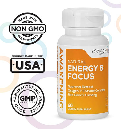 Awakening Natural Energy & Focus Nootropic Supplement with Panax Ginseng, Guarana Extract & Chromium Picolinate | Brain Supplement for Focus, Energy, Mood & Clarity | Gluten Free Veggie, USA - 60 Caps