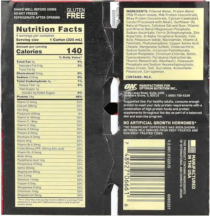 Optimum Nutrition Gold Standard Protein Shake, 24g Protein, Ready to Drink Protein Shake, Gluten Free, Vitamin C for Immune Support, Chocolate, 11 Fl Oz, Pack of 4 (Packaging May Vary)