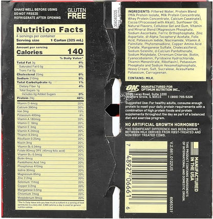 Optimum Nutrition Gold Standard Protein Shake, 24g Protein, Ready to Drink Protein Shake, Gluten Free, Vitamin C for Immune Support, Chocolate, 11 Fl Oz, Pack of 4 (Packaging May Vary)