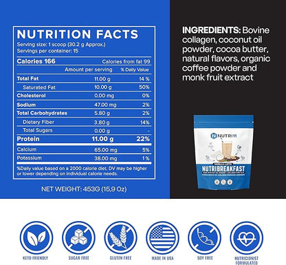 NutriBreakfast by Nutrillermo/Keto Protein Vanilla Latte Collagen Powder with MCT Oil/MCT Oil Powder with Collagen/Keto Collagen Peptides Powder with Grass-Fed Bovine Collagen Type I & III-15 Servings