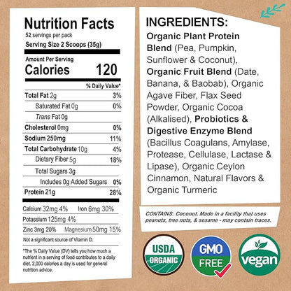 EarthChimp Organic Vegan Protein Powder - with Probiotics - Non GMO, Dairy Free, Non Whey, Plant Based Protein Powder for Women and Men, Gluten Free - 52 Servings 64 Oz (Plain & Unsweetened) No Scoop