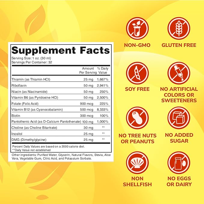 Super B Complex Liquid Vitamin Supplement | 500mg B12 and 50mg B6 | 32oz. | Liquid B-Complex Vitamins Boost Energy, Aid Stress Response | Effective Natural Products