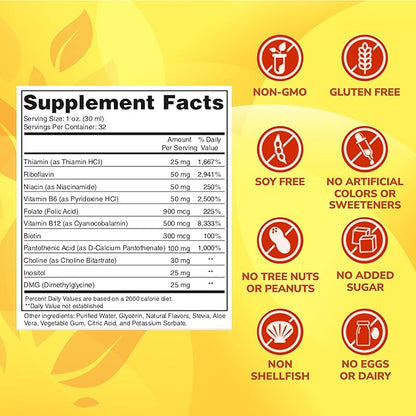 Super B Complex Liquid Vitamin Supplement | 500mg B12 and 50mg B6 | 32oz. | Liquid B-Complex Vitamins Boost Energy, Aid Stress Response | Effective Natural Products