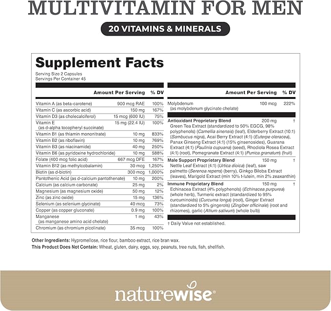 NatureWise Multivitamin for Men - Daily Male Support - Minerals & Herbs for Energy, Performance, Immunity - with Vitamin A, C, D, B-Complex - Soy & Gluten-Free, Non-GMO - 90 Capsules[45-Day Supply]