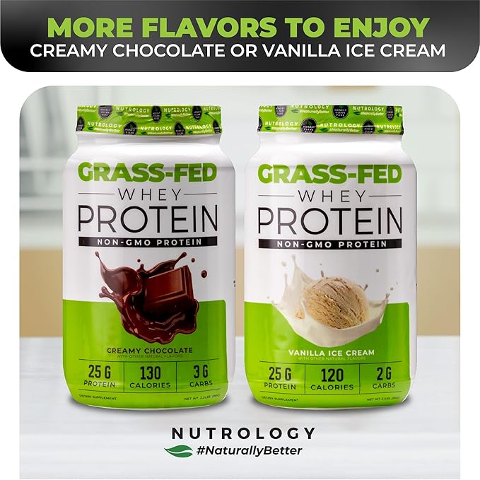 Nutrology Grass Fed Whey Protein Powder, Vanilla Ice Cream Flavor, Supports Lean Muscle Recovery & Performance, Cold Processed Grass Fed Whey and Amino Acid Powder, Shake, Blend or Bake, 28 Servings