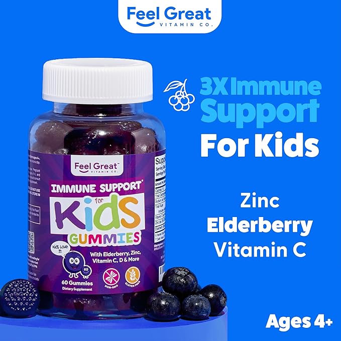 Feel Great Immune Support for Kids | Vitamin C Zinc & Elderberry Gummies for Kids | Sambucus Nigra Immunity Multivitamin for Kids | Vegetarian Multivitamin Gummies | 60 Day Supply