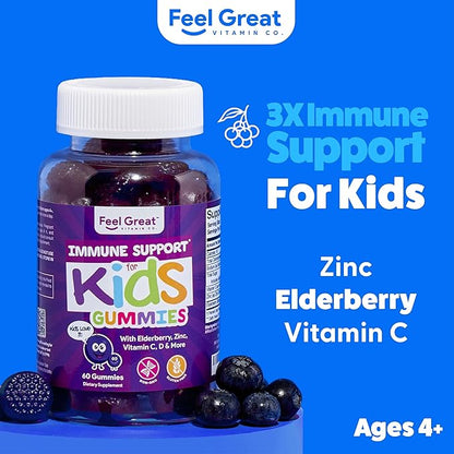 Feel Great Immune Support for Kids | Vitamin C Zinc & Elderberry Gummies for Kids | Sambucus Nigra Immunity Multivitamin for Kids | Vegetarian Multivitamin Gummies | 60 Day Supply