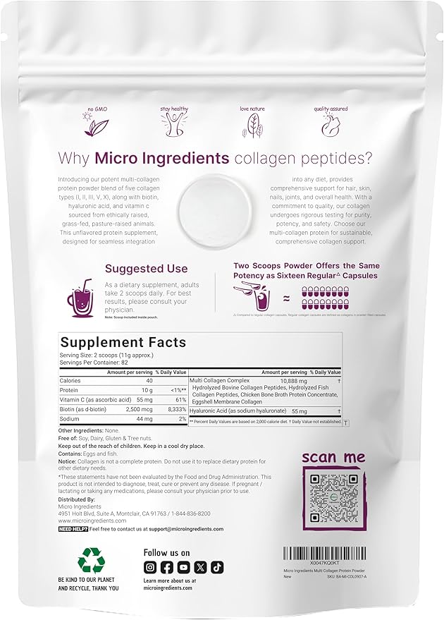 Multi Collagen Protein Powder, 2lbs – Hydrolyzed Collagen Peptides | Type I,II,III,V,X with Biotin 10000mcg, Hyaluronic Acid, Vitamin C – Unflavored – Keto & Paleo Friendly, Easy Dissolve, Non-GMO