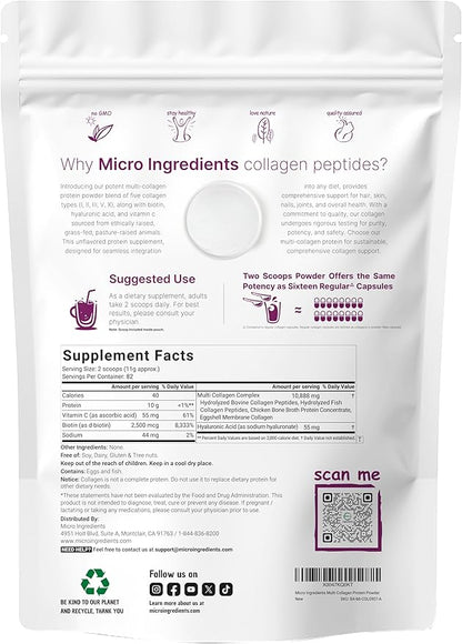 Multi Collagen Protein Powder, 2lbs – Hydrolyzed Collagen Peptides | Type I,II,III,V,X with Biotin 10000mcg, Hyaluronic Acid, Vitamin C – Unflavored – Keto & Paleo Friendly, Easy Dissolve, Non-GMO