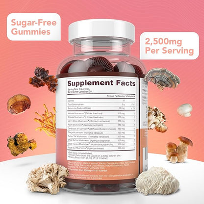 Sugar-Free Mushroom Complex Gummies - Potent 10x Mushroom Supplement with Lions Mane, Chaga, Reishi, Cordyceps (2500mg) Natural Stress Support Calm Gummies, Nootropic Focus Gummies, No Sugar or Pills