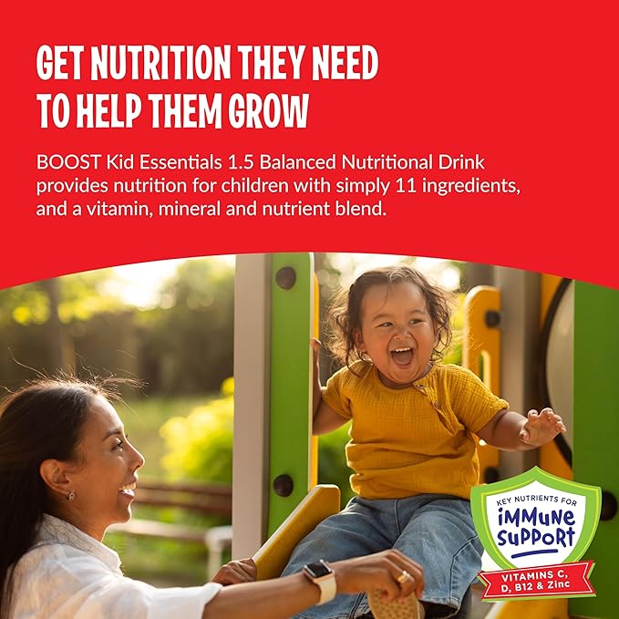 BOOST KID ESSENTIALS (1.5 kcal/mL) Chocolate Craze Nutritional Drink, 10g Protein, Vitamin C, D , B12, and Zinc, 8 Fl Oz (Pack of 24)