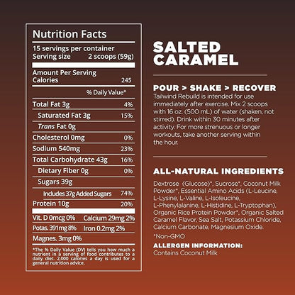 Tailwind Nutrition Recovery Mix, Complete Protein, Carbohydrates, and Electrolytes Powder Drink Mix for Post-Workout, Free of Gluten, Soy, and Dairy, Vegan, 12 Servings, Salted Caramel