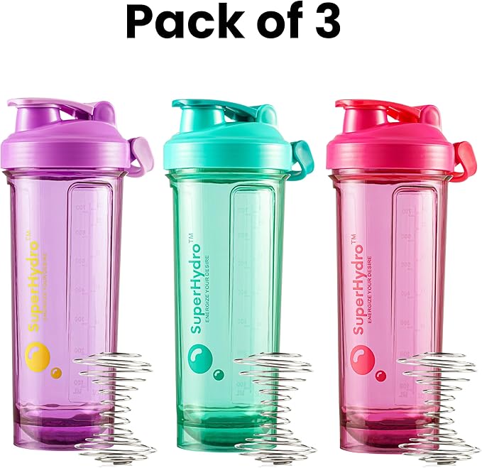 Super Hydro Protein Shaker Bottle [3 PACK] - 28 Oz. BPA-Free, Non-Toxic, Durable, Leak Proof, Eco-Tritan, Best for Travel, Sports, Fitness for Men & Women (Lemon Lavender, Rosy Bloom, Frosted Mint)