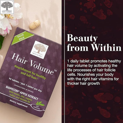 NEW NORDIC Hair Volume Tablets, 3000 mcg Biotin & Biopectin Apple Extract, Hair Vitamins to Support Natural Hair Growth for Thicker, Fuller Hair, for Men and Women, 90 Count (Pack of 1)