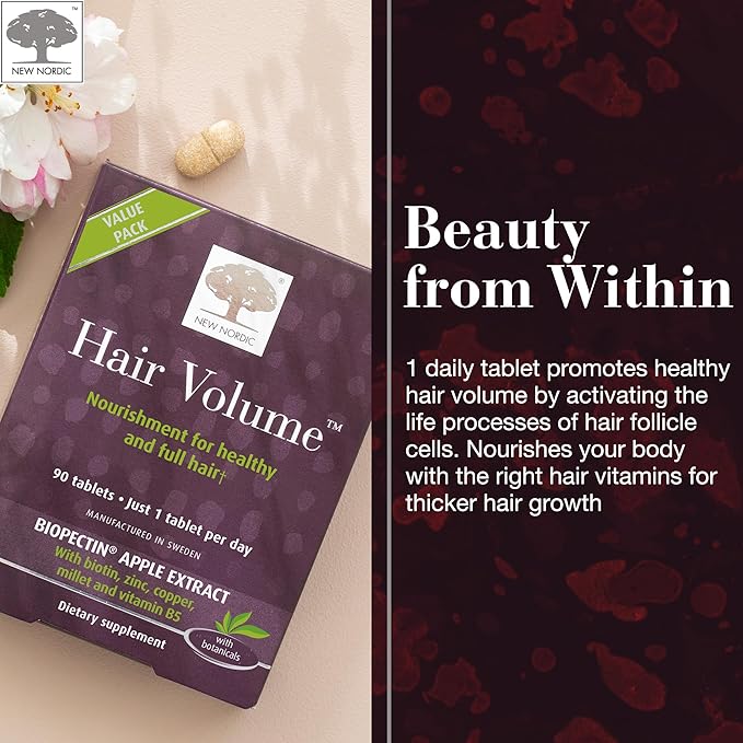 NEW NORDIC Hair Volume Tablets, 3000 mcg Biotin & Biopectin Apple Extract, Hair Vitamins to Support Natural Hair Growth for Thicker, Fuller Hair, for Men and Women, 90 Count (Pack of 1)