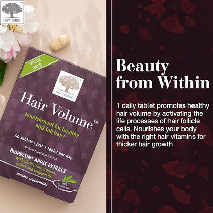 NEW NORDIC Hair Volume Tablets, 3000 mcg Biotin & Biopectin Apple Extract, Hair Vitamins to Support Natural Hair Growth for Thicker, Fuller Hair, for Men and Women, 90 Count (Pack of 1)