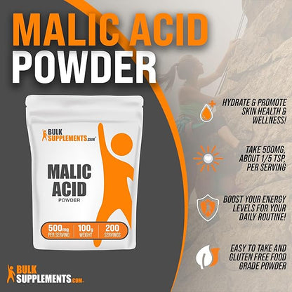 BulkSupplements.com Malic Acid Powder - Malic Acid Supplement, Malic Acid Powder Food Grade - for Energy & Skin Support, Gluten Free - 500mg per Serving, 100g (3.5 oz)