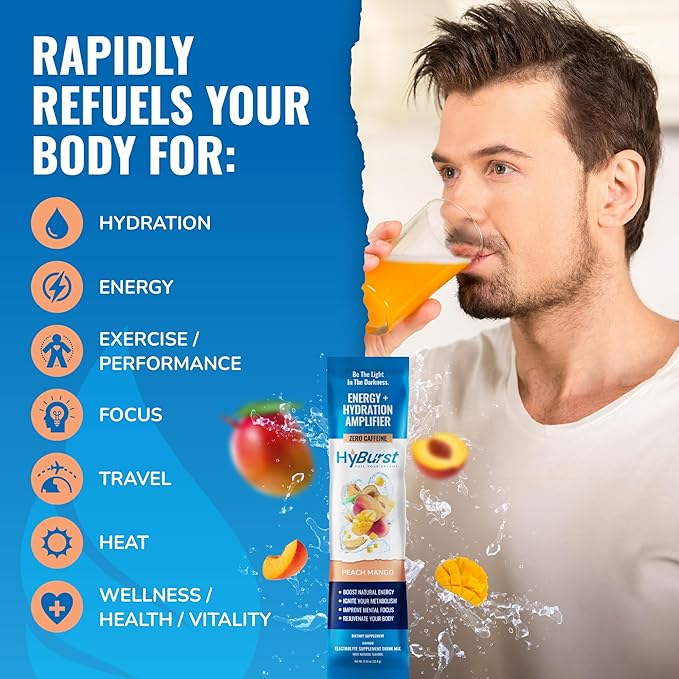 Energy + Hydration Amplifier - Multivitamin Electrolyte Powder Packets with Vitamins D3 K2 & B6 B12 | L-Theanine, Cane Sugar, Caffeine Free Energy Drink Powder | Peach Mango, 15 Pack