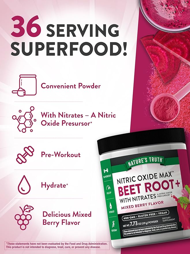 Nature's Truth Beet Root Powder | 7.73 oz | Nitric Oxide Supplement for Men and Women | Vegan, Non-GMO & Gluten Free Pre-Workout | Mixed Berry Flavor
