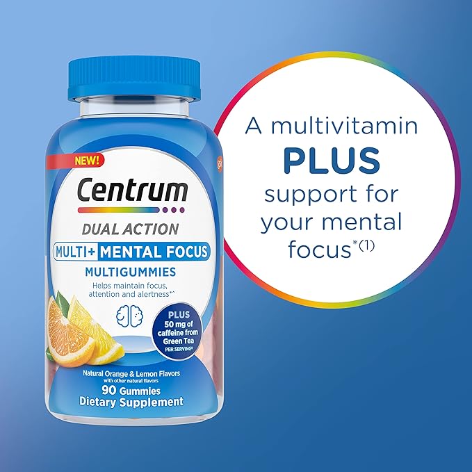 Centrum MultiGummies Multi+ Dual Action Mental Focus Adult Multivitamin with Caffeine from Green Tea, Supports Mental Focus, Attention and Alertness, Lemon/Orange Flavors - 90 Count