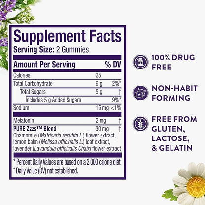 ZzzQuil PURE Zzzs Melatonin Sleep Aid Gummies, Helps You Fall Asleep Naturally, Wildberry Vanilla Flavor, Chamomile Lavender & Valerian Root, 1mg per gummy, 72 Count