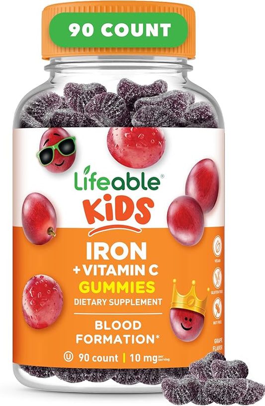 Iron Supplements for Kids | 10mg | with Vitamin C | Great Tasting Iron Gummies for Kids | Vegan Non GMO Kids Iron | for Immune Health and Iron Deficiency | 90 Gummies | Lifeable