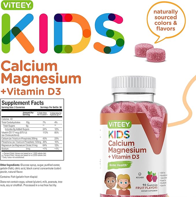 Kids Calcium Gummies + Vitamin D3 & Magnesium Citrate for Kids and Teens - Supports Bone Health, Immune Support, Energy & Muscle Function - Gluten Free, GMO Free - Tasty Chewable Fruit Flavored Gummy