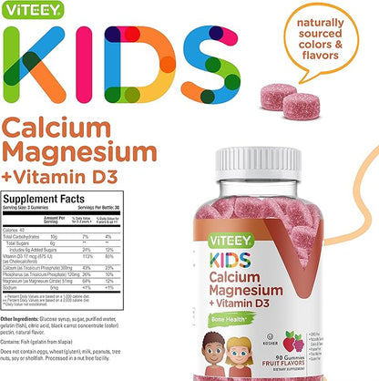 Kids Calcium Gummies + Vitamin D3 & Magnesium Citrate for Kids and Teens - Supports Bone Health, Immune Support, Energy & Muscle Function - Gluten Free, GMO Free - Tasty Chewable Fruit Flavored Gummy
