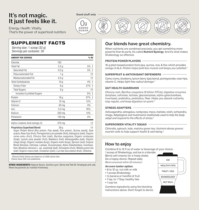 Shakeology 0g Added Sugar Vegan Protein Powder - Gluten Free, Superfood Protein Shake - Helps Support Healthy Weight Loss, Lean Muscle Support, Manage Effects of Stress, Vanilla - 30 Servings