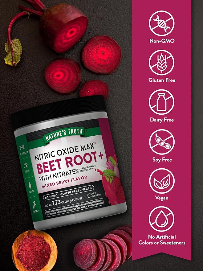 Nature's Truth Beet Root Powder | 7.73 oz | Nitric Oxide Supplement for Men and Women | Vegan, Non-GMO & Gluten Free Pre-Workout | Mixed Berry Flavor