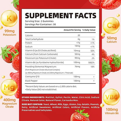 softbear Potassium Gummies for Adults, High Absorption Magnesium Potassium Supplement with Vitamin B6 for Leg Cramps & Muscle Health Sugar-Free Vegan Strawberry 60 Gummies