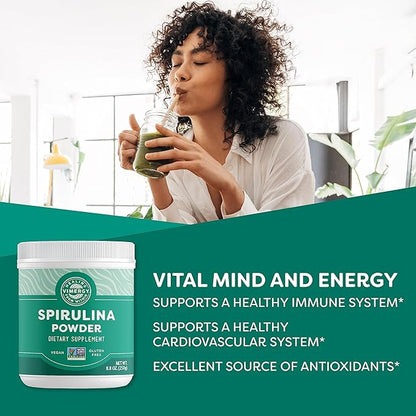 Vimergy Spirulina Powder – Concentrated Plant Protein Supports Immune Health & Cardiovascular Function – Vegan, Kosher, Gluten-Free – 250g