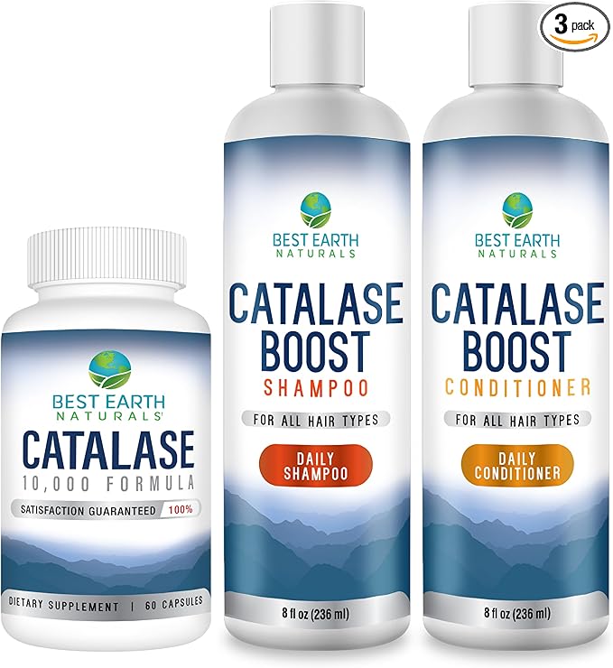 Best Earth Naturals Catalase Formula Starter Kit with 60 Capsules of Catalase 10,000 Supplement, Catalase Shampoo 8 Oz. and Catalase Conditioner 8 Oz.