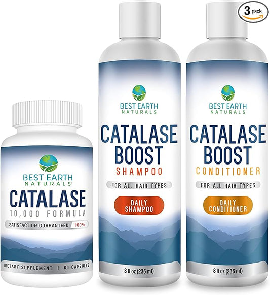 Best Earth Naturals Catalase Formula Starter Kit with 60 Capsules of Catalase 10,000 Supplement, Catalase Shampoo 8 Oz. and Catalase Conditioner 8 Oz.