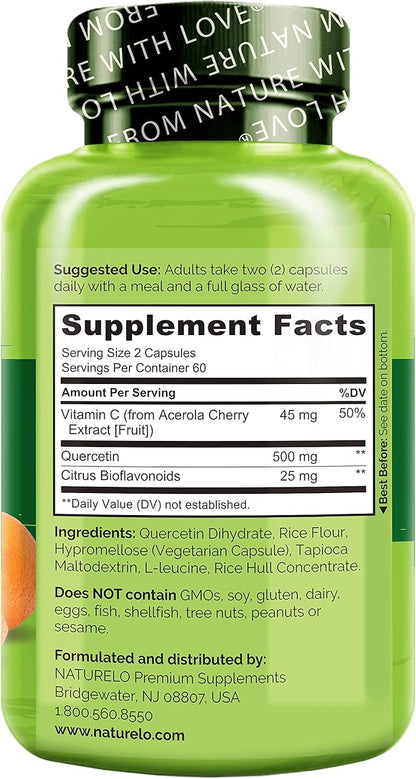 NATURELO Quercetin Citrus Bioflavonoid Supports Immune Health and Overall Well Being* 120 Quercetin 500mg Capsules