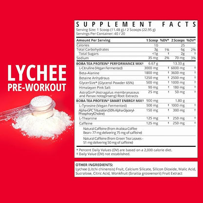 Boba Tea Pre-Workout Powder | Lychee Flavor | 125-250mg Caffeine | L-Citrulline, Beta Alanine, Alpha-GPC | Real Ingredients | Premium Pre Workout Powder for Men and Women | 20-40 Servings