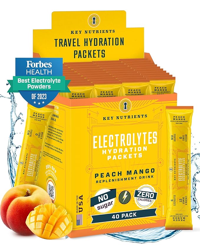 KEY NUTRIENTS Multivitamin Electrolytes Powder Packets - Tropical Peach Mango Post Workout and Recovery 40 Pack Hydration Packets - No Sugar, No Calories - Travel Hydration Powder