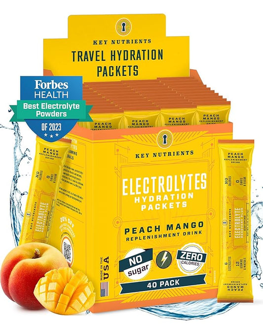 KEY NUTRIENTS Multivitamin Electrolytes Powder Packets - Tropical Peach Mango Post Workout and Recovery 40 Pack Hydration Packets - No Sugar, No Calories - Travel Hydration Powder