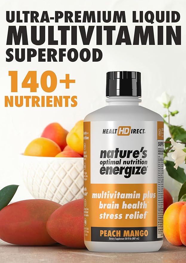 HEALTH DIRECT - Nature's Optimal Nutrition Energize Liquid Multivitamin Superfood - 140+ Nutrients - Mental Clarity & Energy - Immune & Cardiovascular Support – 30 Servings – Peach Mango